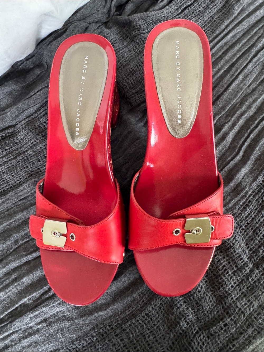 Marc Jacobs Red Leather Slide Mules with Gold Buckle Detail
